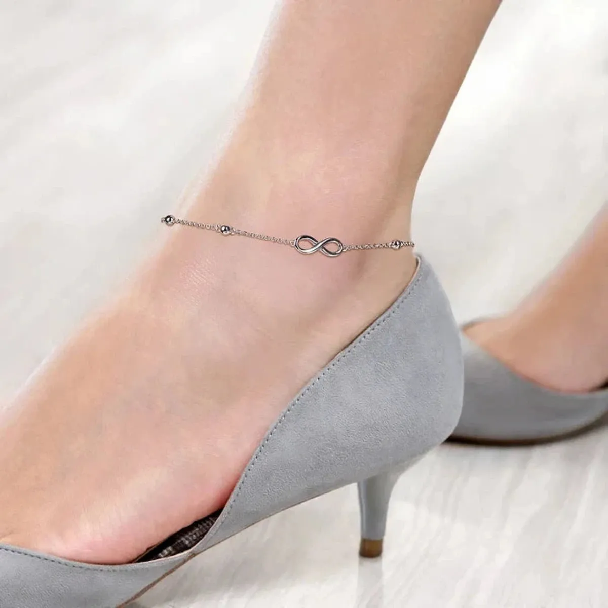 SS 10" Beaded Station Infinity Ankle Bracelet