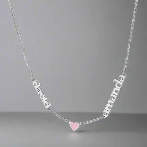 SS 18" Necklace w 2 Names and Enamel Heart