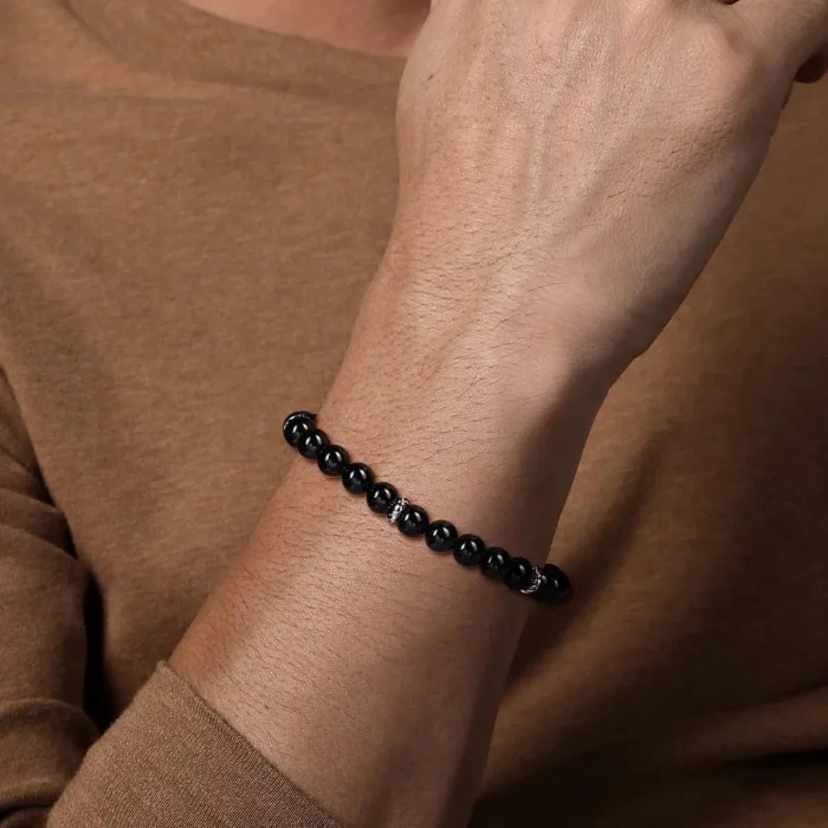 SS 8.5" 8mm Onyx Beaded Bracelet