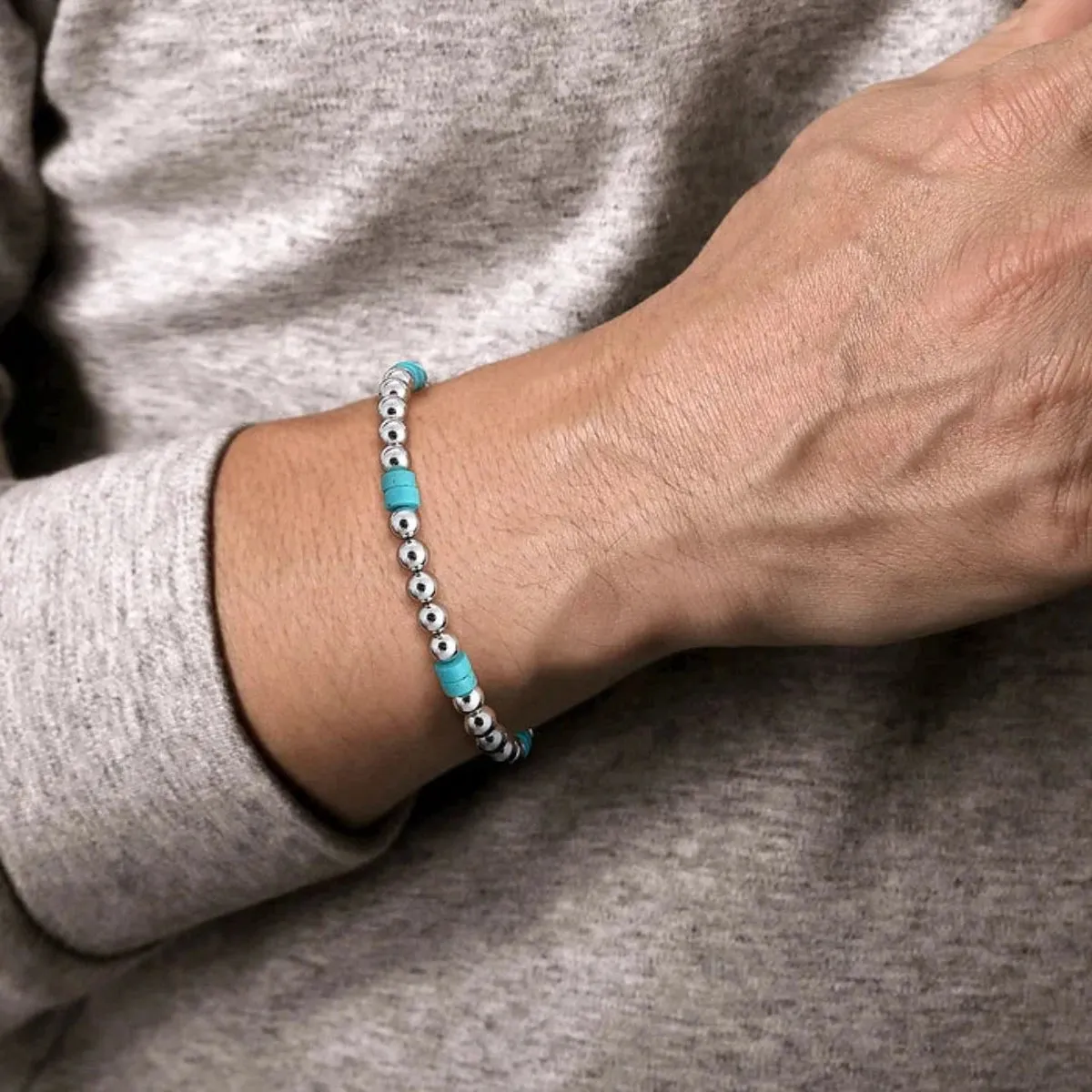 SS 8" 6mm bead and Turquoise Cylinder Beaded Bracelet