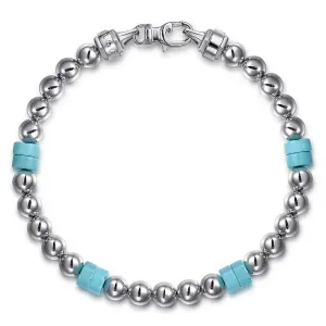 SS 8" 6mm bead and Turquoise Cylinder Beaded Bracelet