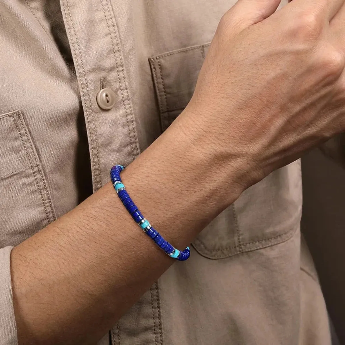SS 8" 6mm Lapis and Turquoise Cylinder Beaded Bracelet