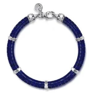 SS 8" 6mm Lapis Cylinder Beaded Bracelet