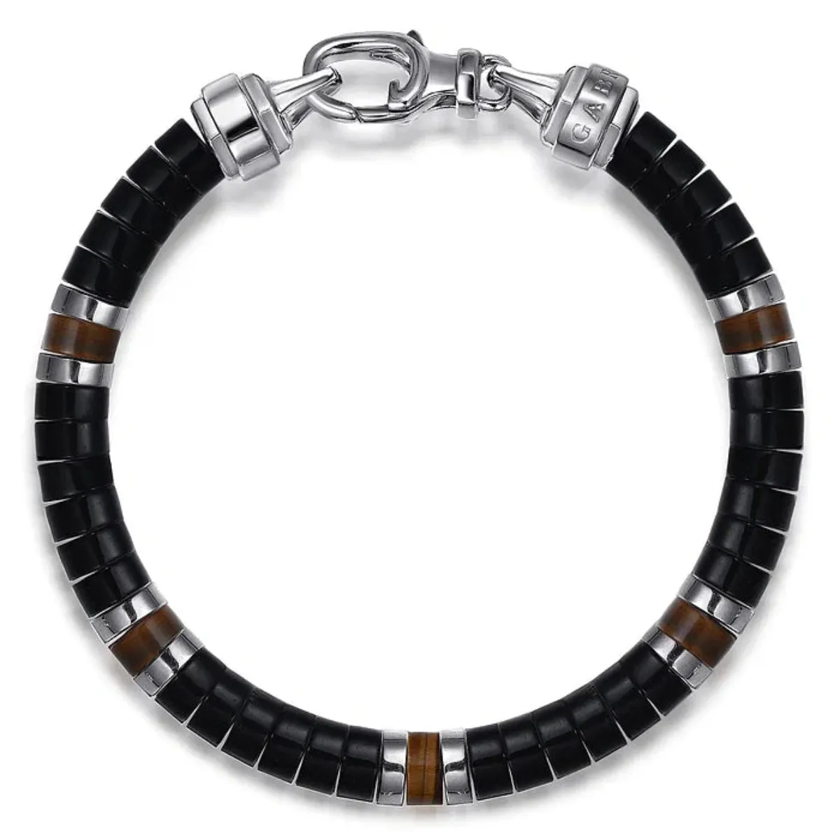 SS 8" 6mm Onyx and Tiger Eye Cylinder Beaded Bracelet