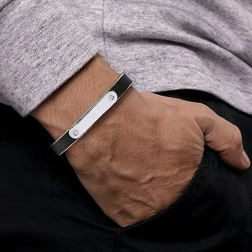 SS and Leather Open ID Bracelet