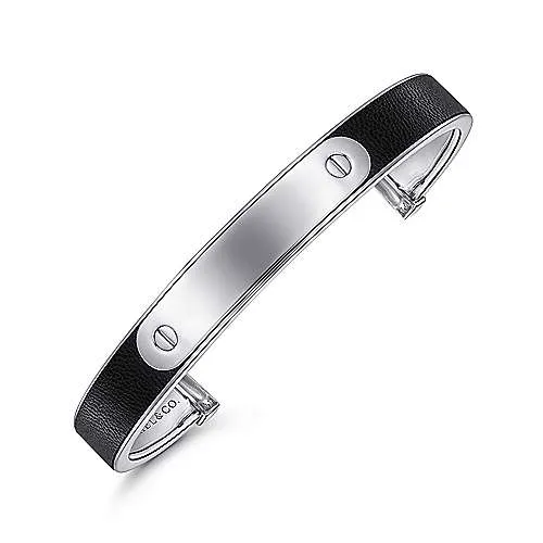 SS and Leather Open ID Bracelet