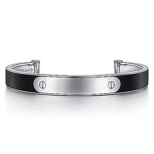 SS and Leather Open ID Bracelet