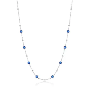 SS Bezel-Set Blue CZ & Bead Station Necklace