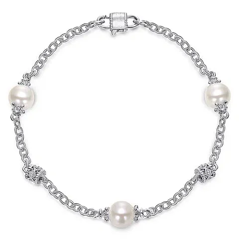 SS Filigree and 8mm Pearl Station Bracelet