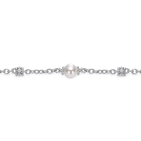 SS Filigree and 8mm Pearl Station Bracelet