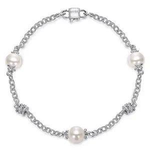 SS Filigree and 8mm Pearl Station Bracelet