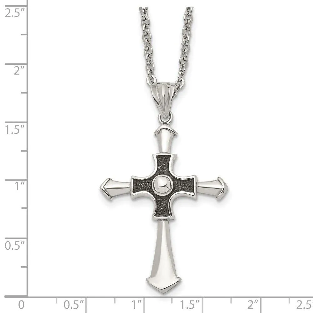 Stainless Steel Antiqued & Polished Cross 22in Necklace