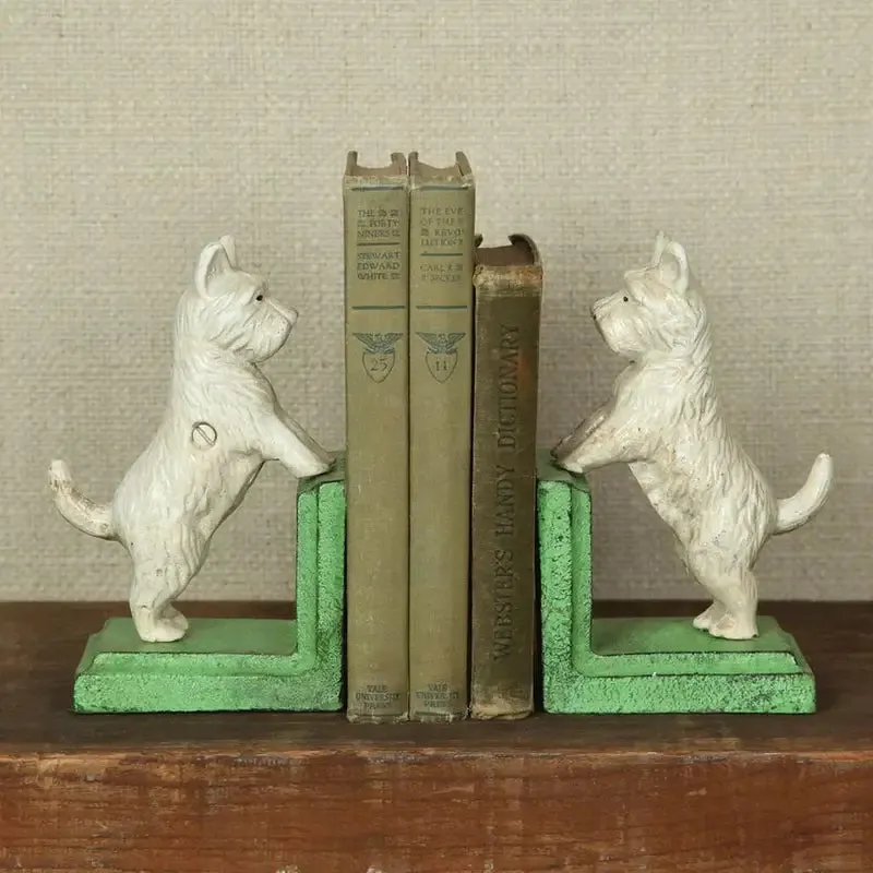 Standing Cast Iron Westie Bookends dried flowers  