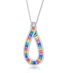 Sterling Silver Rainbow Baguette CZ Pear Shaped Necklace
