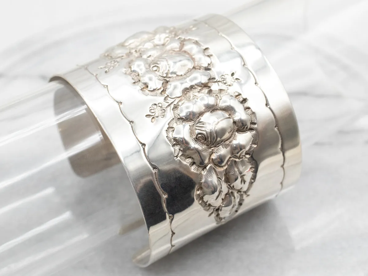 Sterling Silver Wide Floral Chased Cuff Bracelet