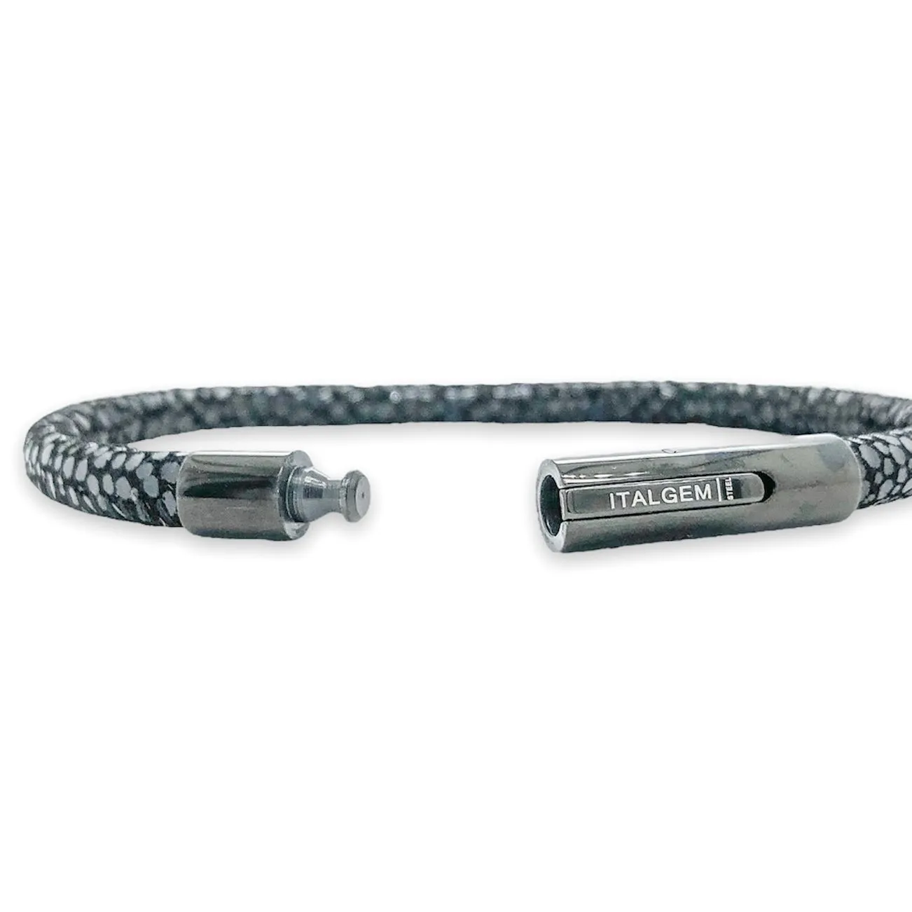 STST Black IP Printed 5mm Black Leather Bracelet