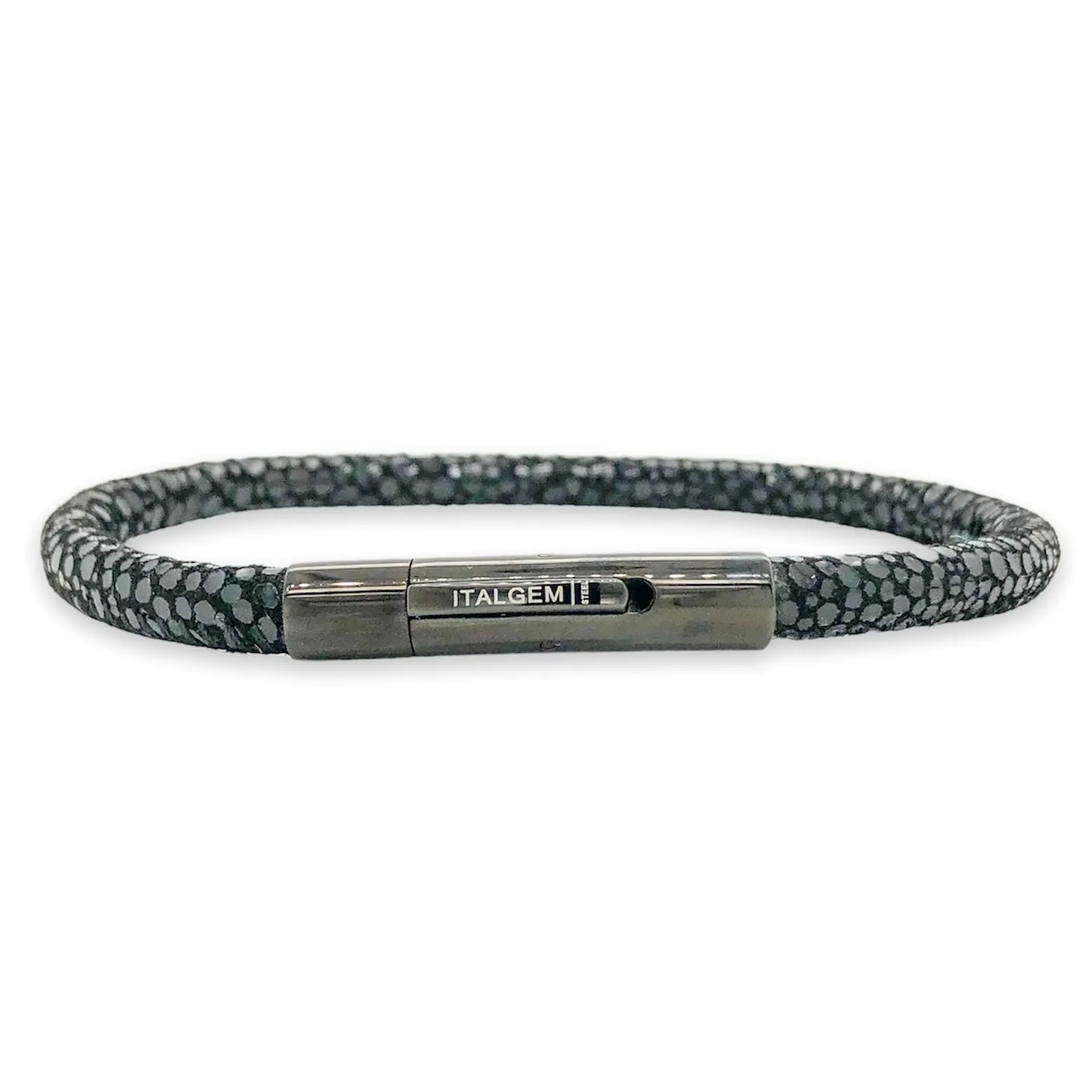 STST Black IP Printed 5mm Black Leather Bracelet