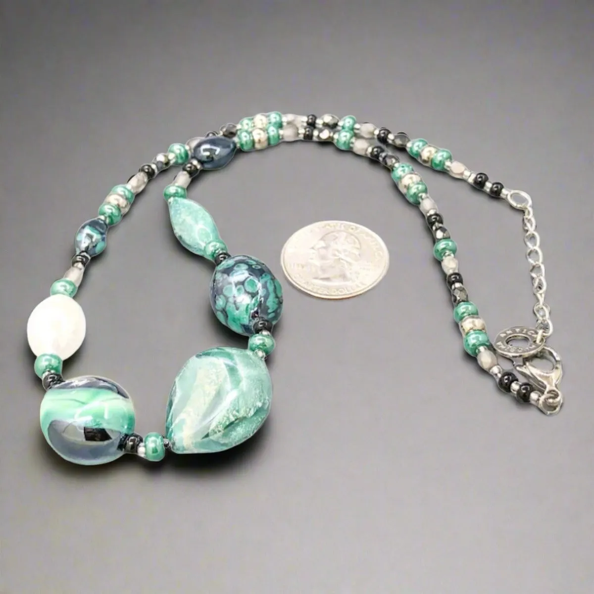 STST Black, silver & Turquoise green Murano Glass Graduated Beaded Necklace