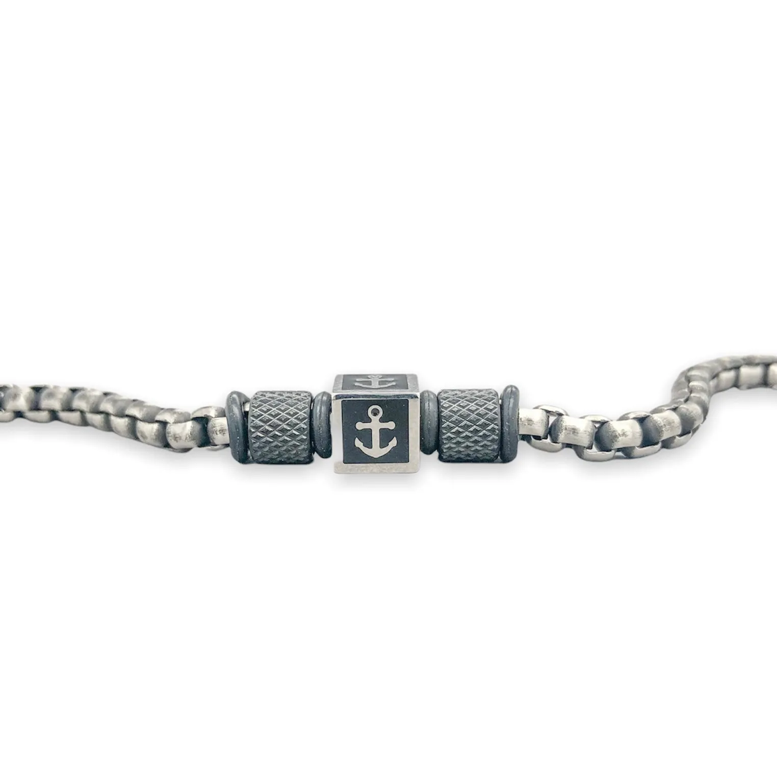 STST Gunmetal 4mm Round Box Chain Anchor Bead Bracelet