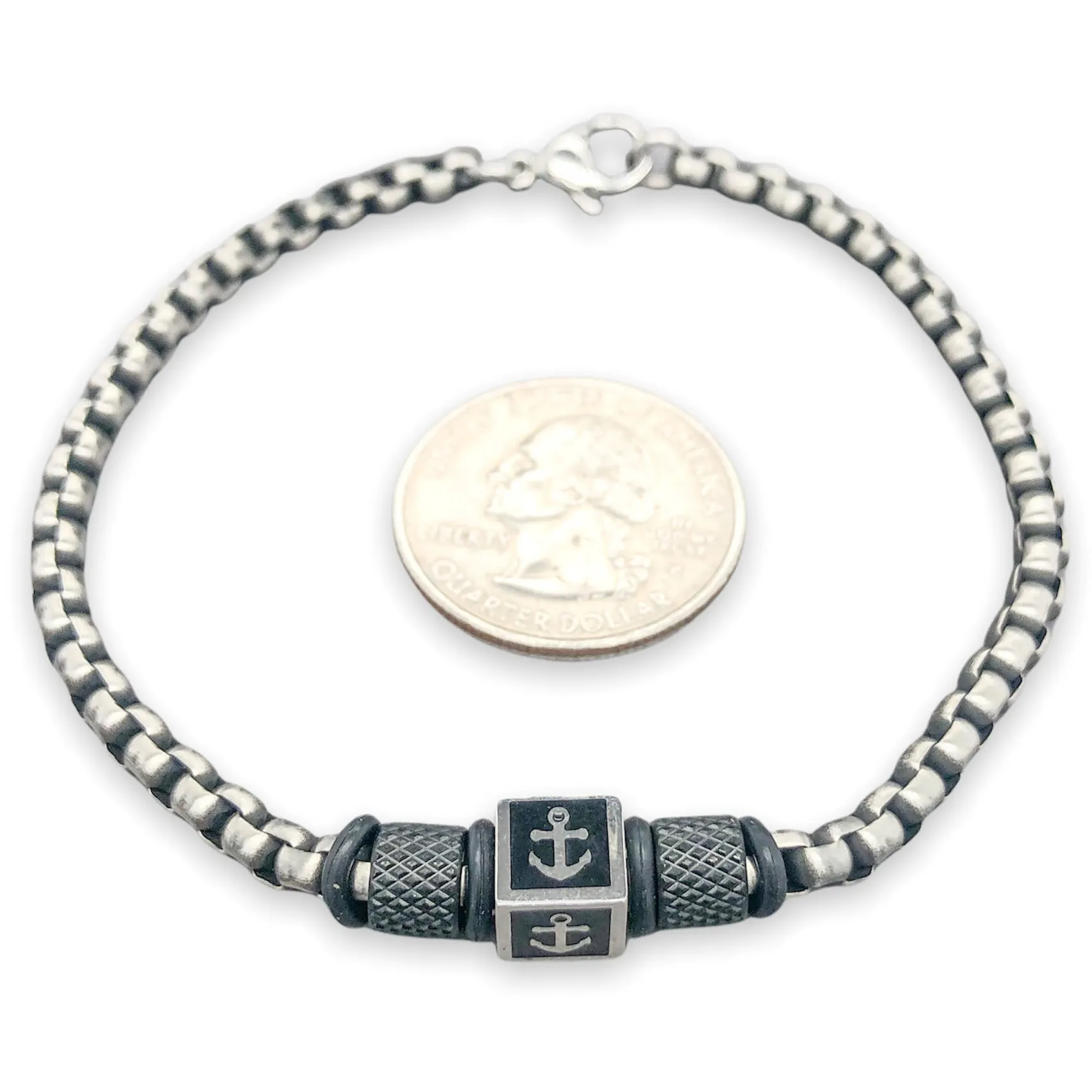 STST Gunmetal 4mm Round Box Chain Anchor Bead Bracelet