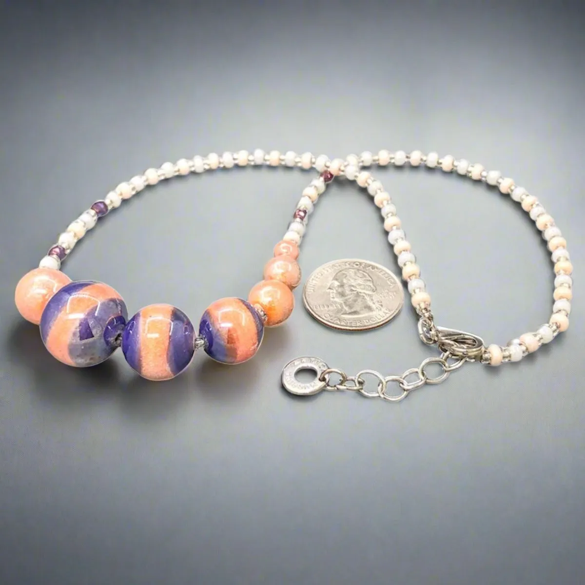 STST Peach, White and Purple Murano Glass Beaded Necklace
