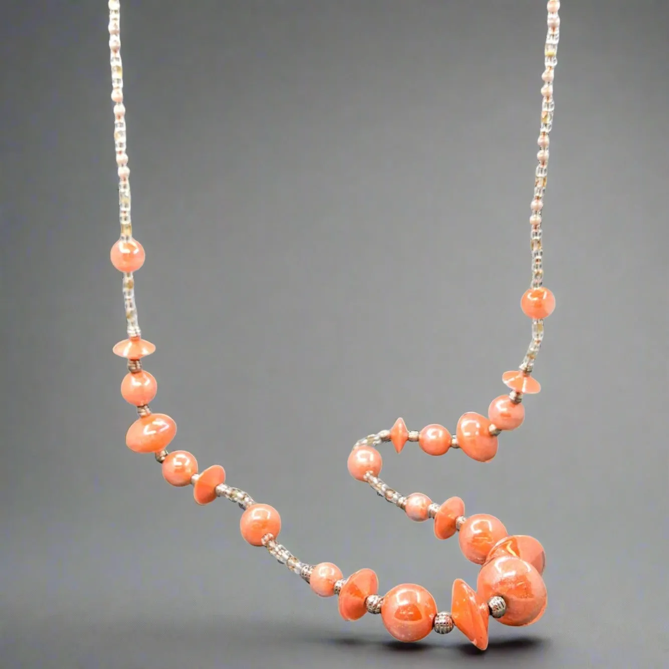 STST Peachy Orange and Clear Murano Glass 34 Beaded Necklace