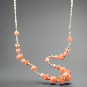 STST Peachy Orange and Clear Murano Glass 34 Beaded Necklace
