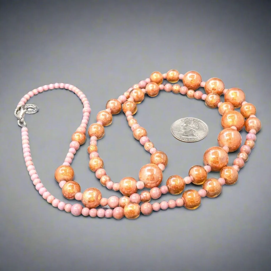 STST Peachy Pink Orange Murano Glass 37 Beaded Necklace