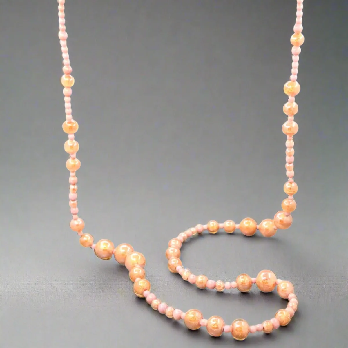 STST Peachy Pink Orange Murano Glass 37 Beaded Necklace