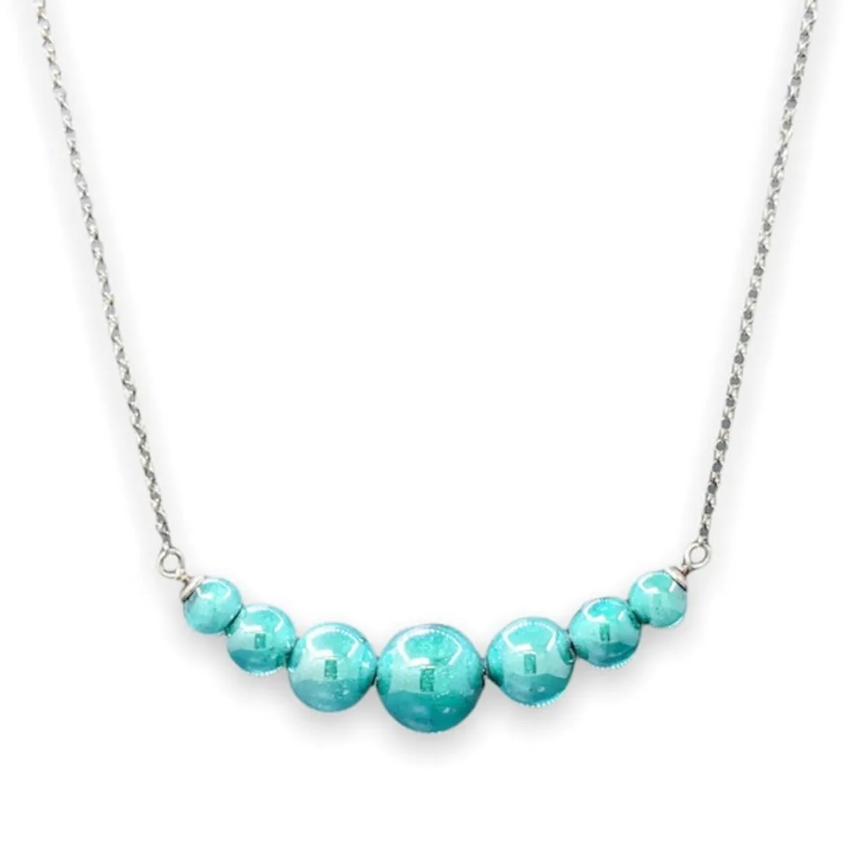 STST Teal Murano Glass 7 graduated Bead Necklace