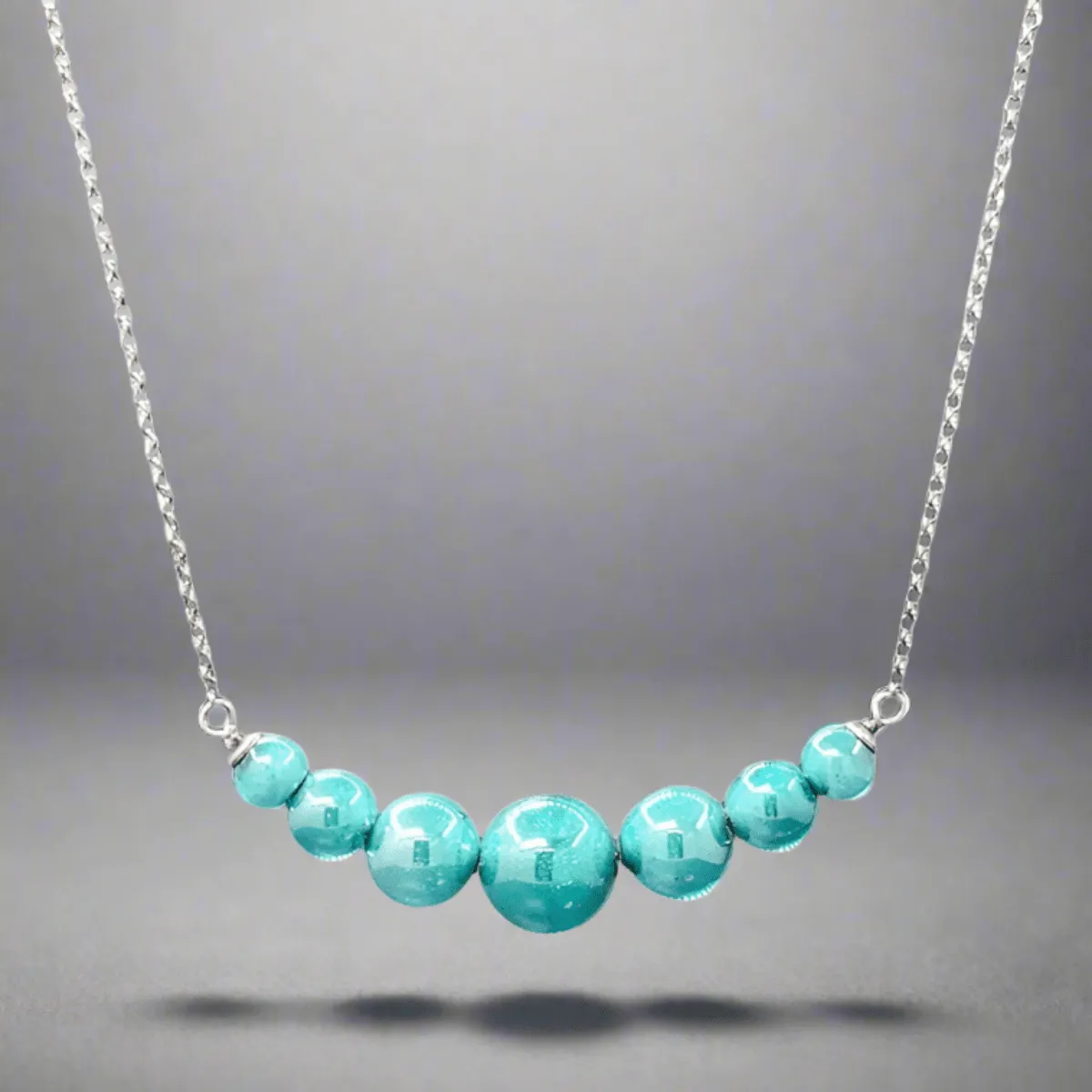 STST Teal Murano Glass 7 graduated Bead Necklace