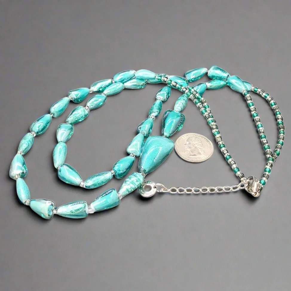 STST Teal Murano Glass Double Strand Graduated Beaded Necklace