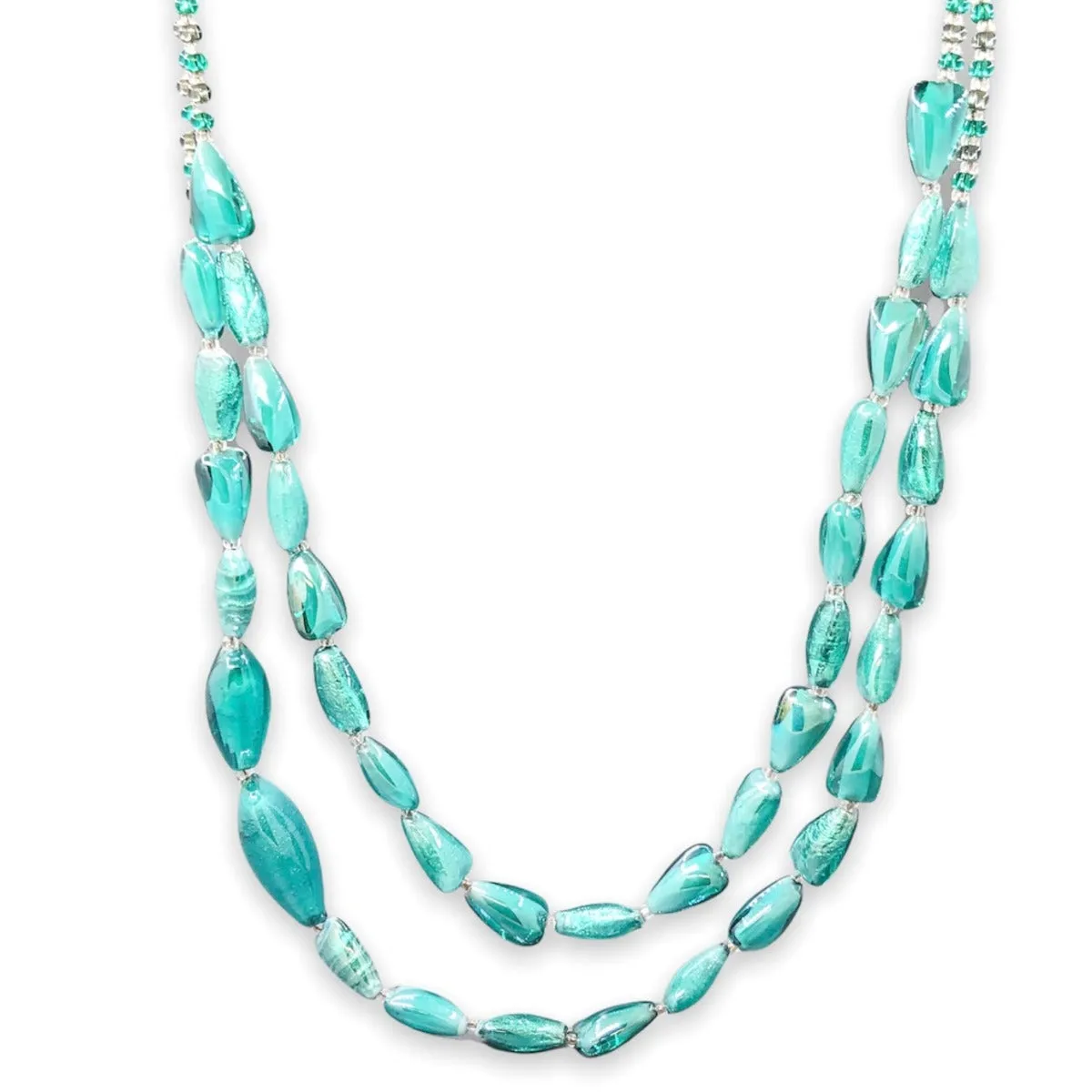 STST Teal Murano Glass Double Strand Graduated Beaded Necklace
