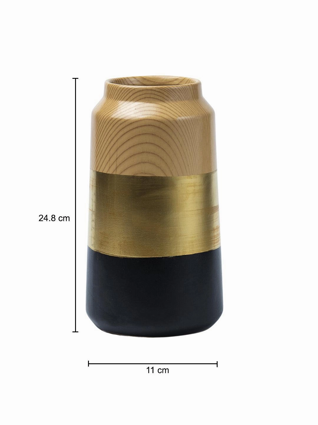 Stylish Ceramic Flower Holder Vase - Wooden, White & Golden