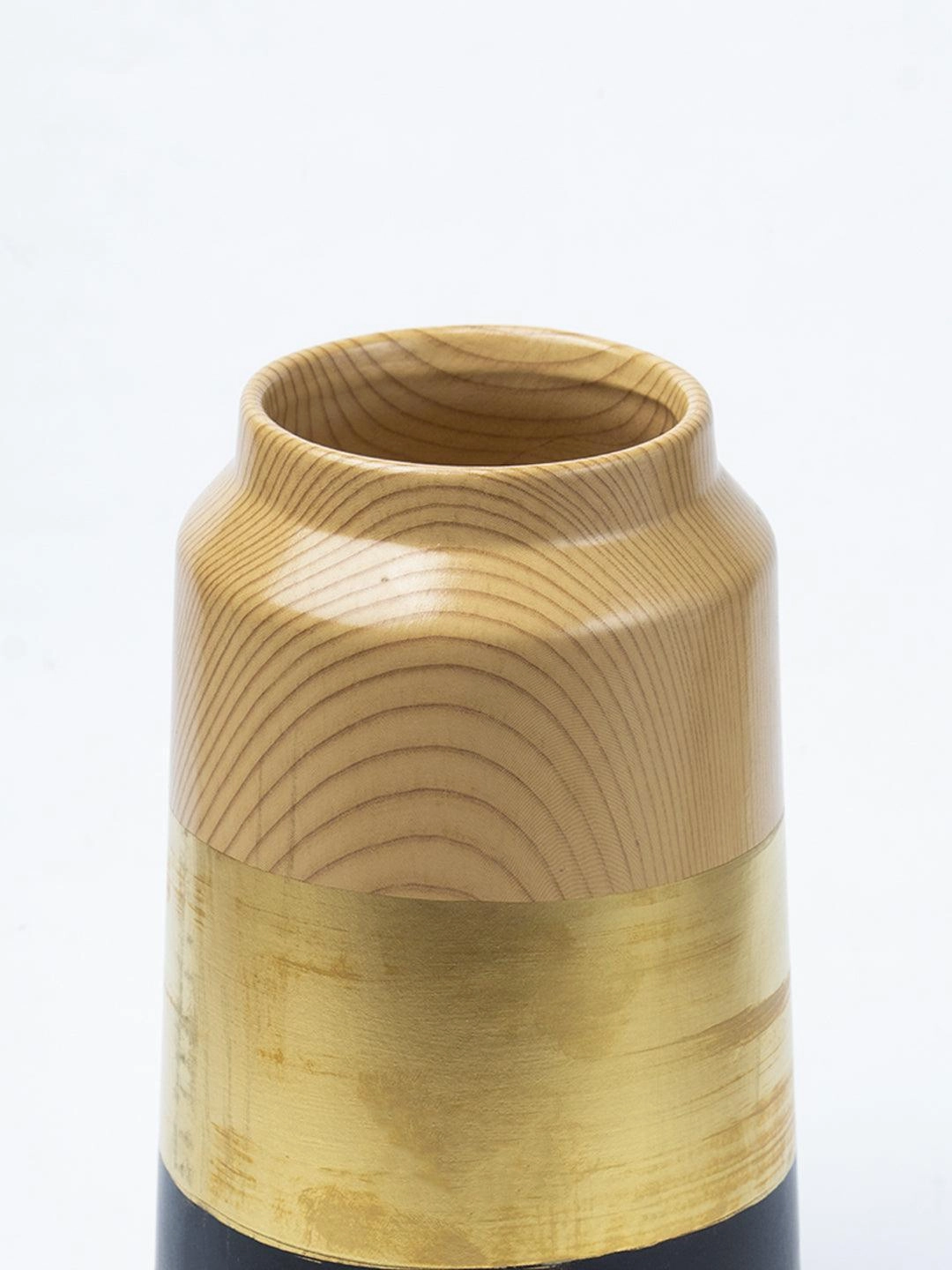 Stylish Ceramic Flower Holder Vase - Wooden, White & Golden
