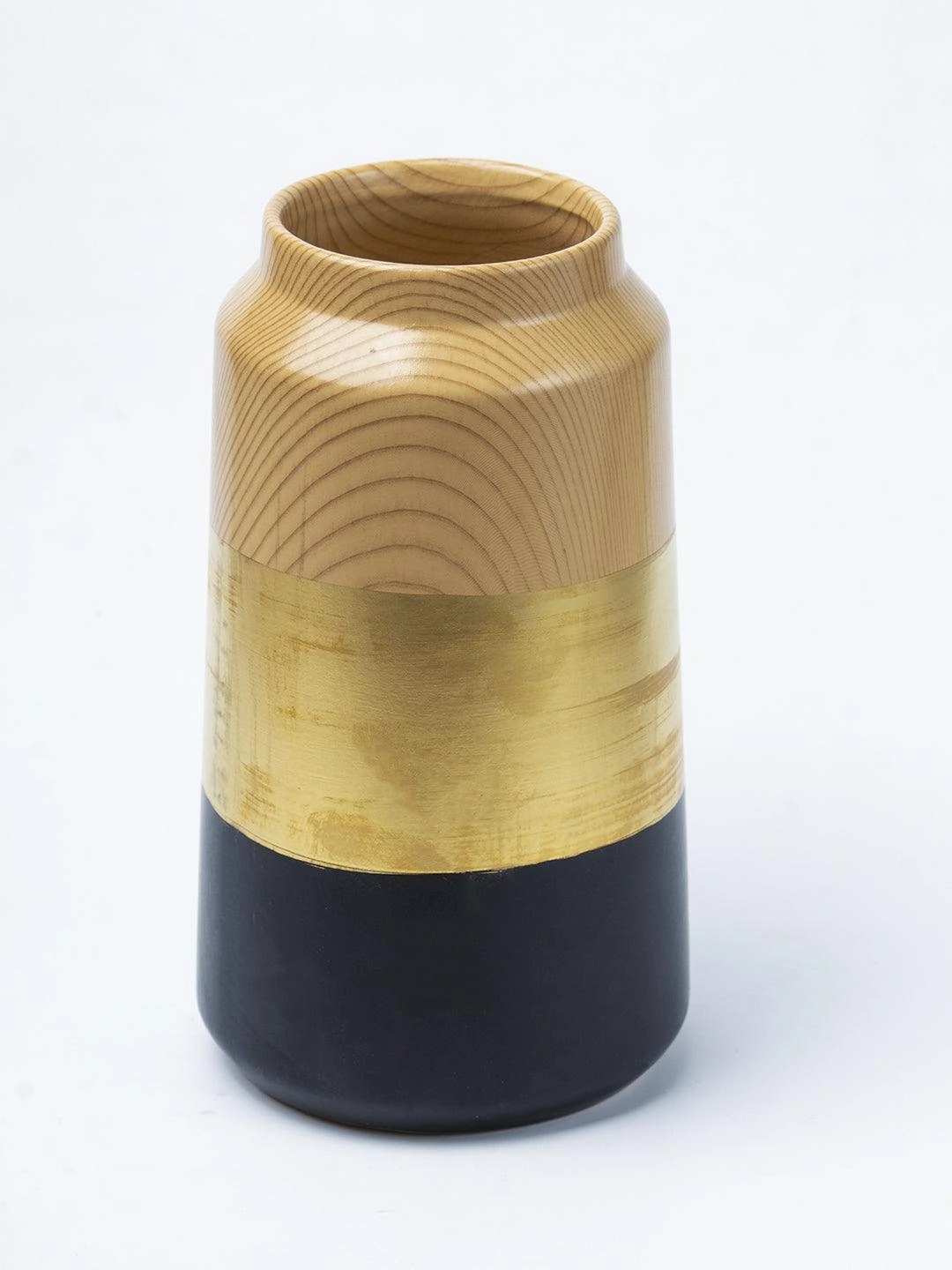 Stylish Ceramic Flower Holder Vase - Wooden, White & Golden
