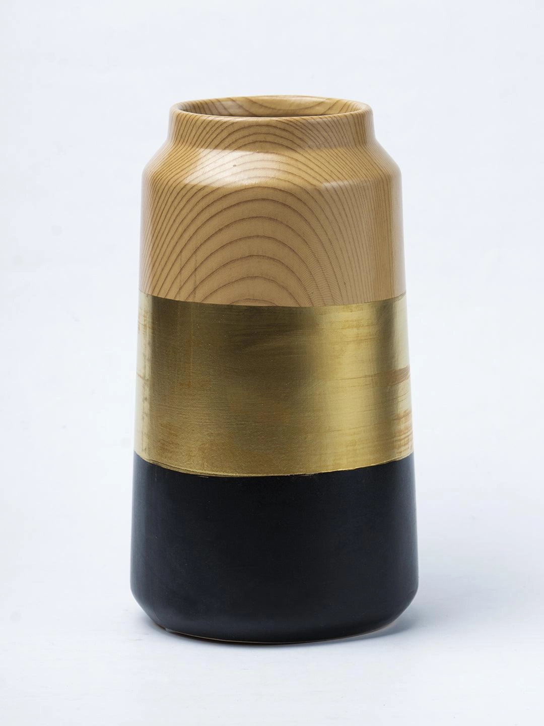 Stylish Ceramic Flower Holder Vase - Wooden, White & Golden