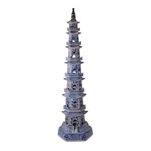 Tall Blue and White Porcelain 7 Layers Pagoda Statue dried flowers  