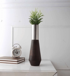 Tall Deidra Vase Metal Matt Silver & Black Wood, outdoor greenery  