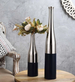Teal Blue And Nickle Champagne Bottle Vase Set, outdoor greenery  