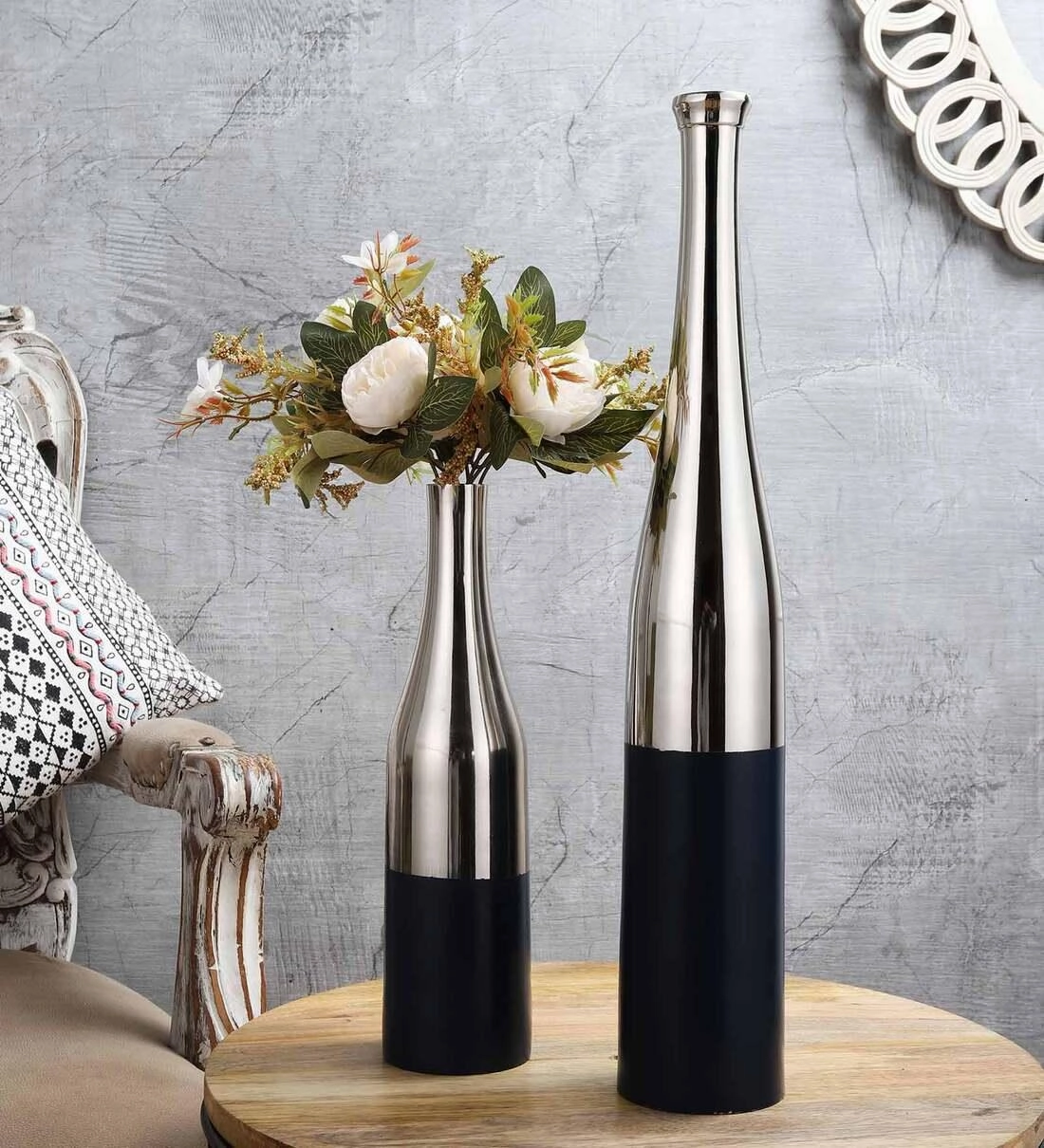 Teal Blue And Nickle Champagne Bottle Vase Set, outdoor greenery  