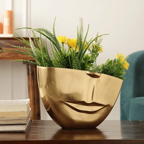 The Amused Gold Face Vase outdoor greenery  