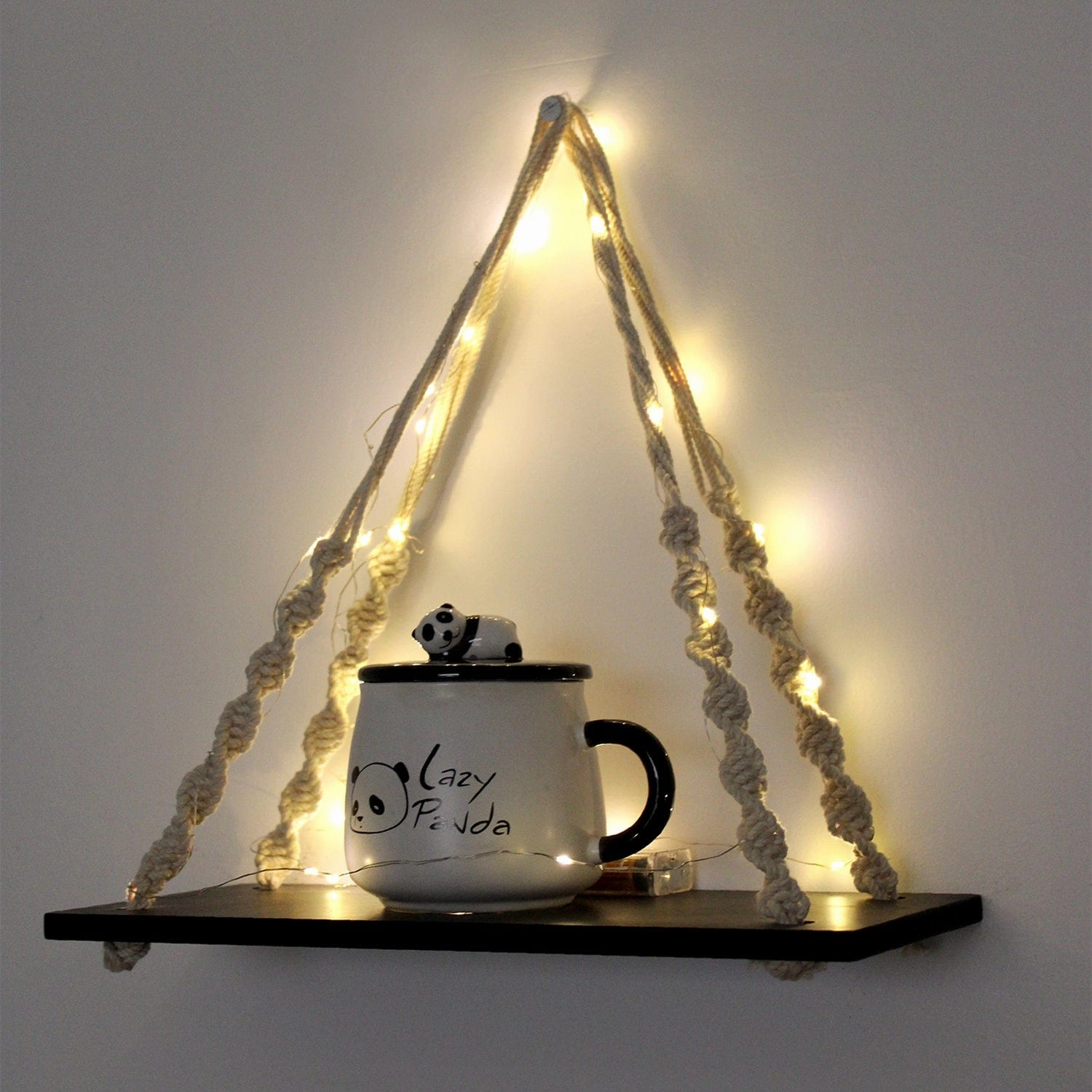 Tier-1 Black Macrame Knotting Wall Hanging Wall Shelf with LED Light