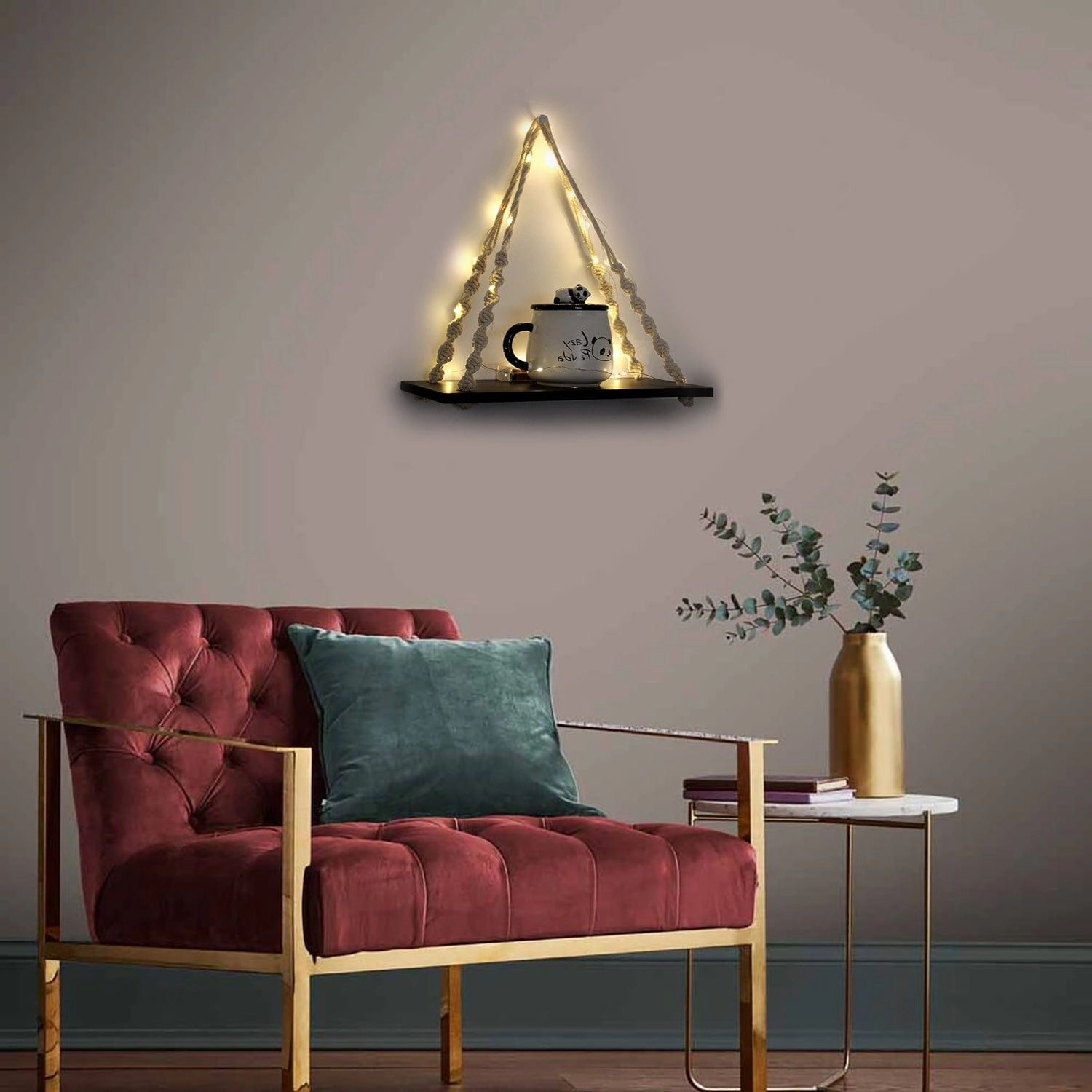 Tier-1 Black Macrame Knotting Wall Hanging Wall Shelf with LED Light