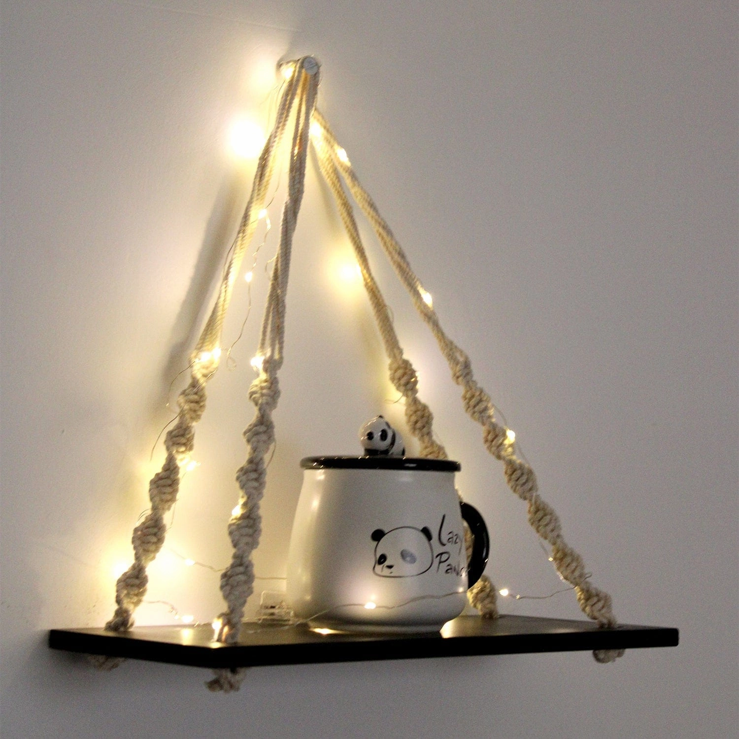 Tier-1 Black Macrame Knotting Wall Hanging Wall Shelf with LED Light