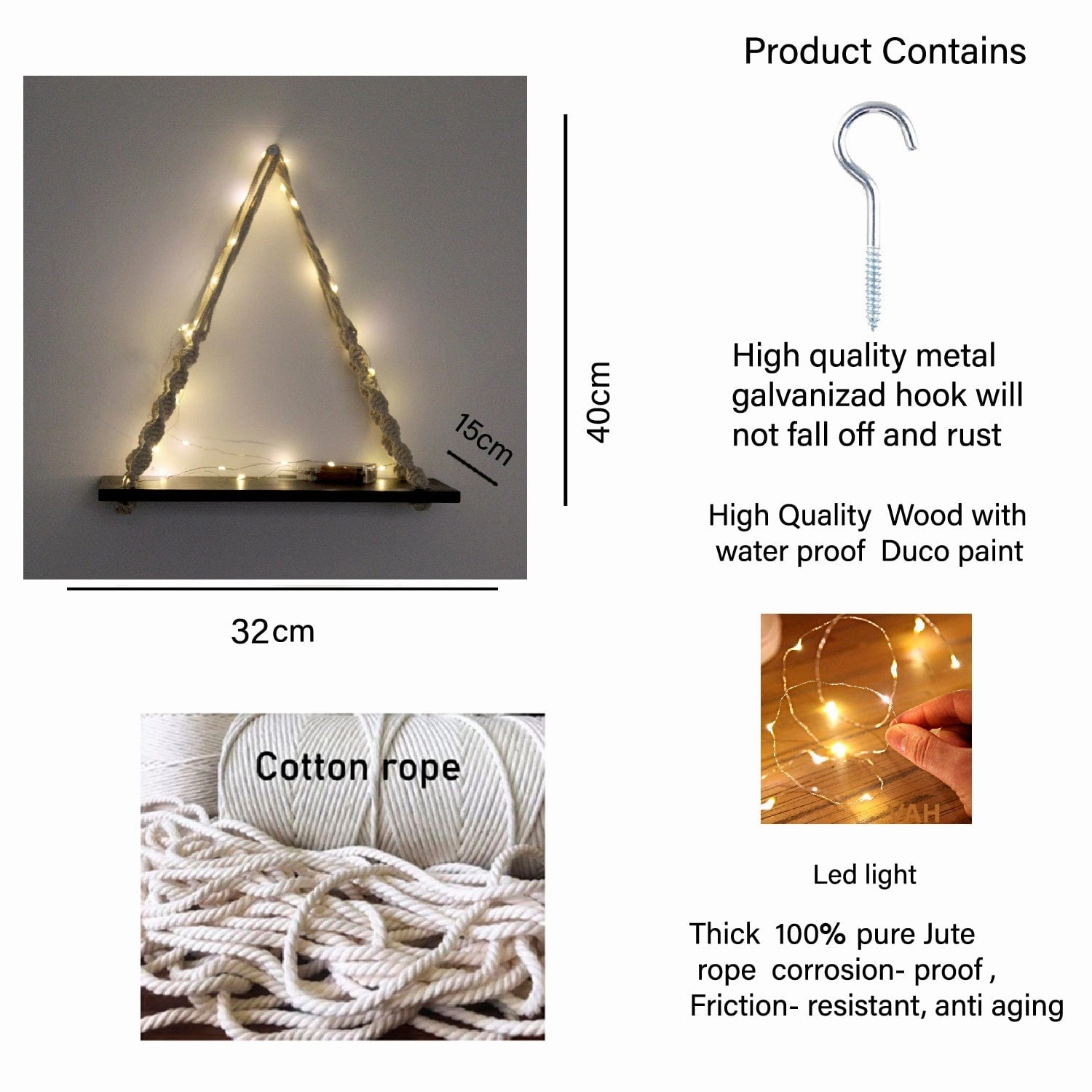 Tier-1 Black Macrame Knotting Wall Hanging Wall Shelf with LED Light