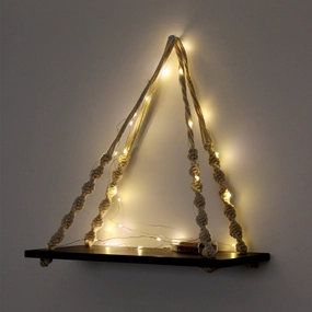 Tier-1 Black Macrame Knotting Wall Hanging Wall Shelf with LED Light cactus succulent plant  