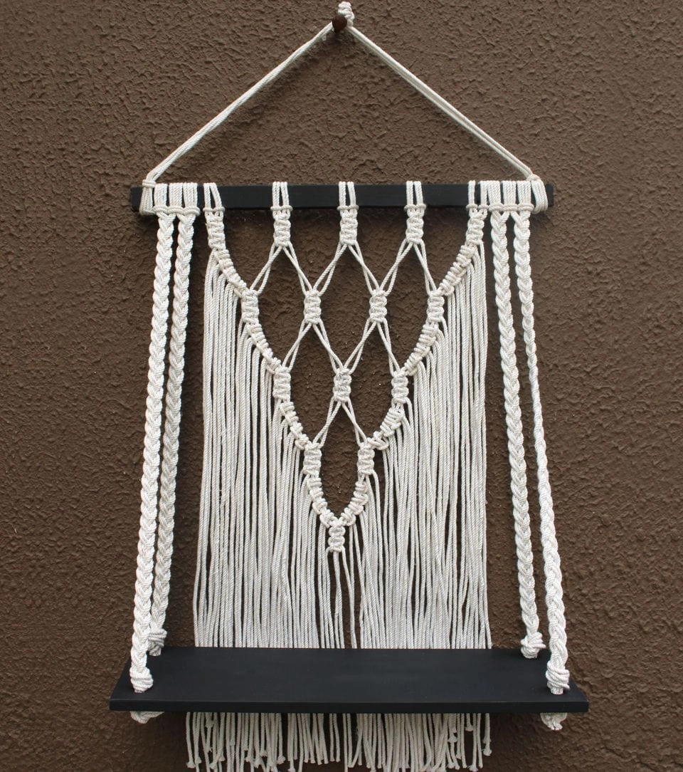 Tier-1 Macrame Black Wood Wall Hanging Shelf cactus succulent plant  