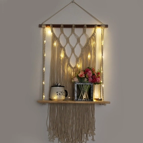 Tier-1 Macrame Wall Hanging Shelf with LED Light cactus succulent plant  