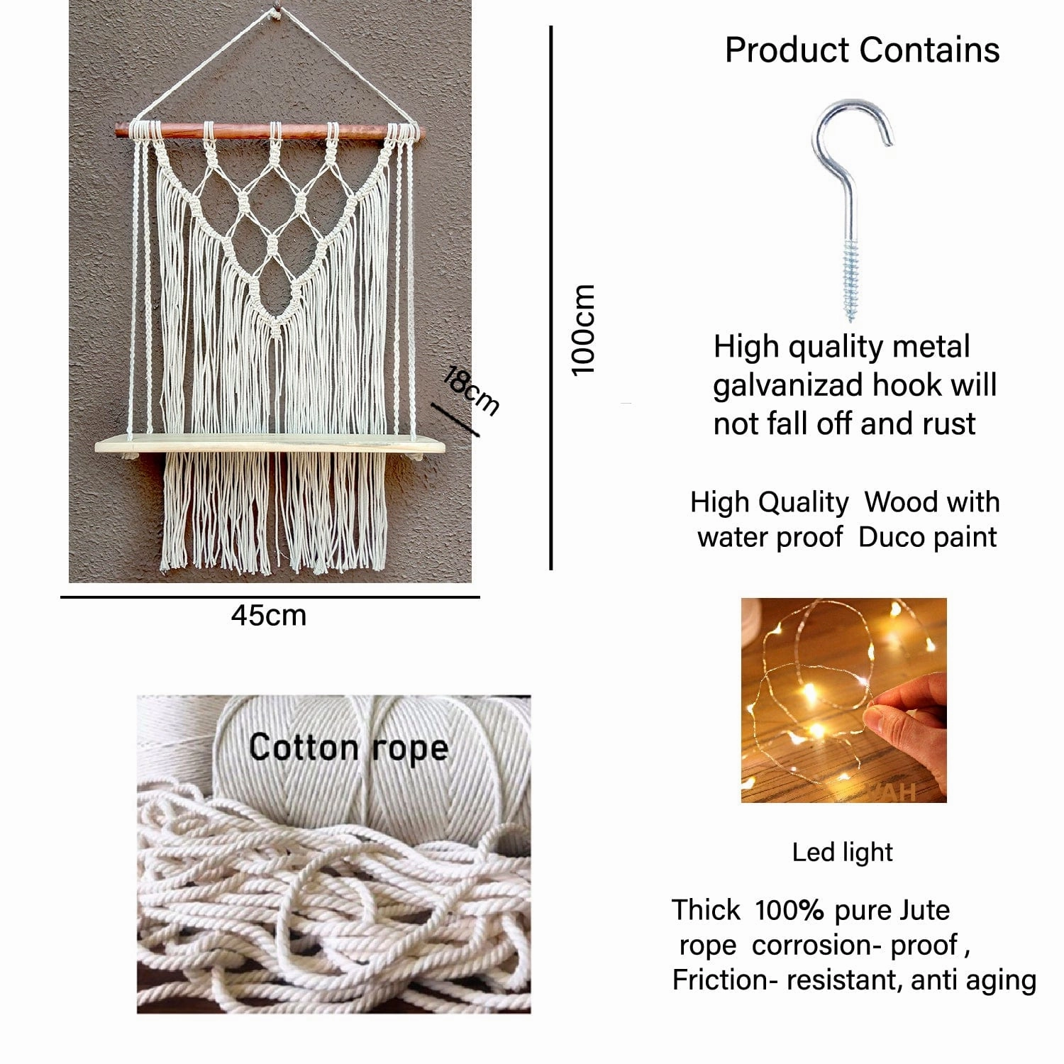 Tier-1 Macrame Wall Hanging Shelf with LED Light